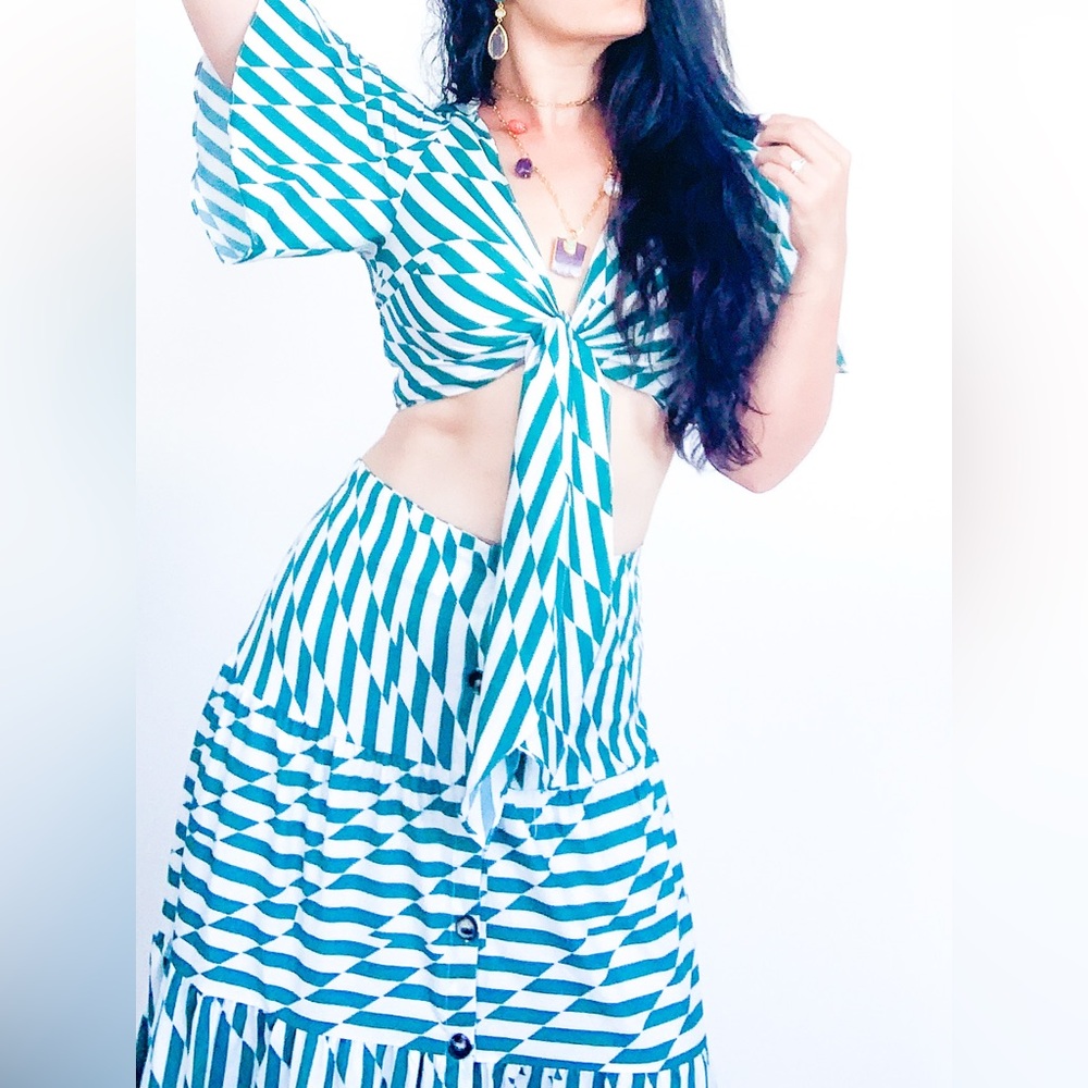 Striped Green and White Tie-Front Top and Skirt Set